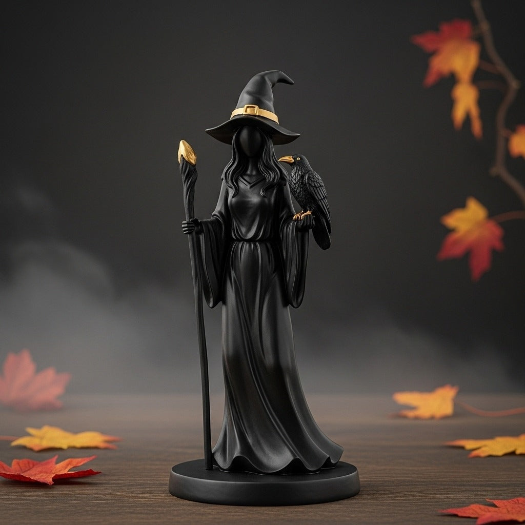Black Gold Staff Witch Sculpture