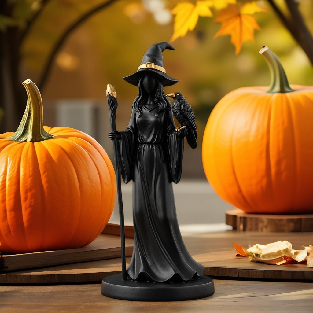 Black Gold Staff Witch Sculpture