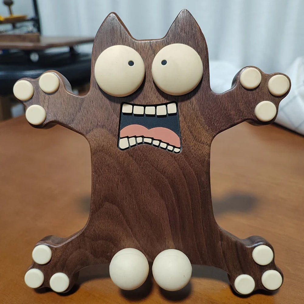 Frightened Little Monster Cat Wooden Phone Holder