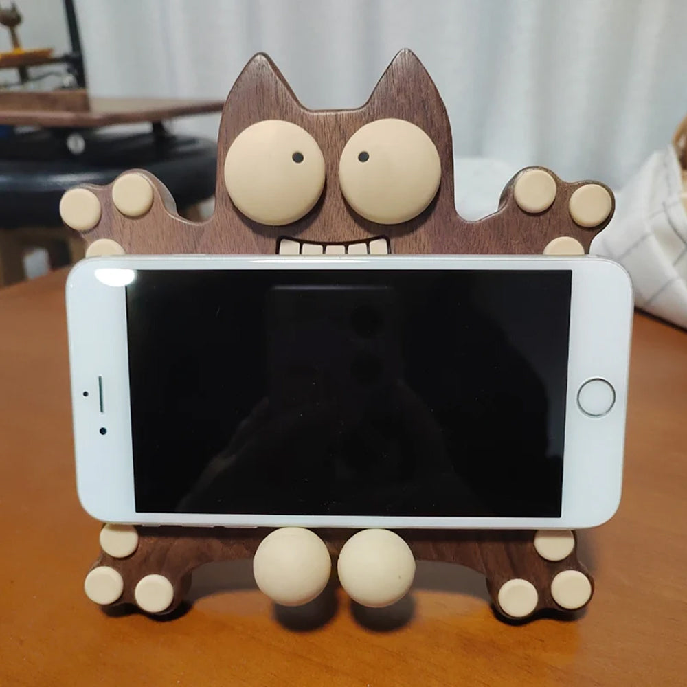 Frightened Little Monster Cat Wooden Phone Holder
