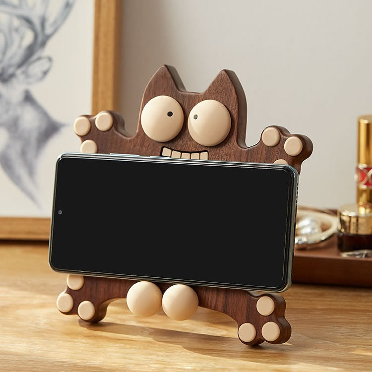 Frightened Little Monster Cat Wooden Phone Holder