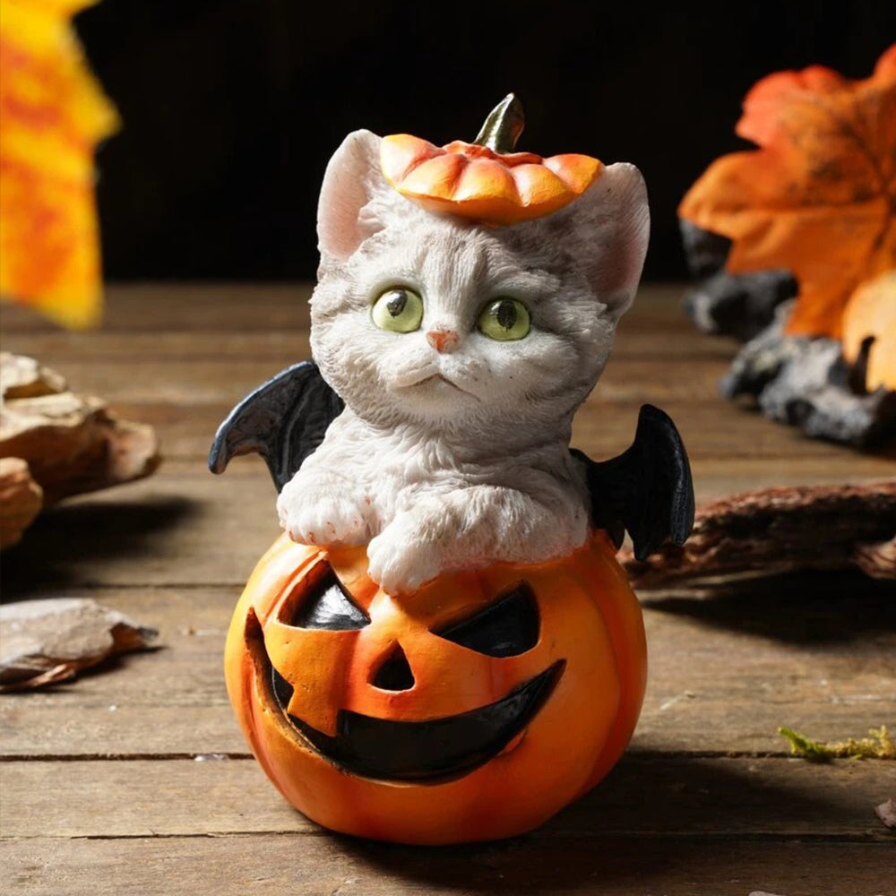 Meow-loween Pumpkin Bat: Creepy-Cute Resin Statue