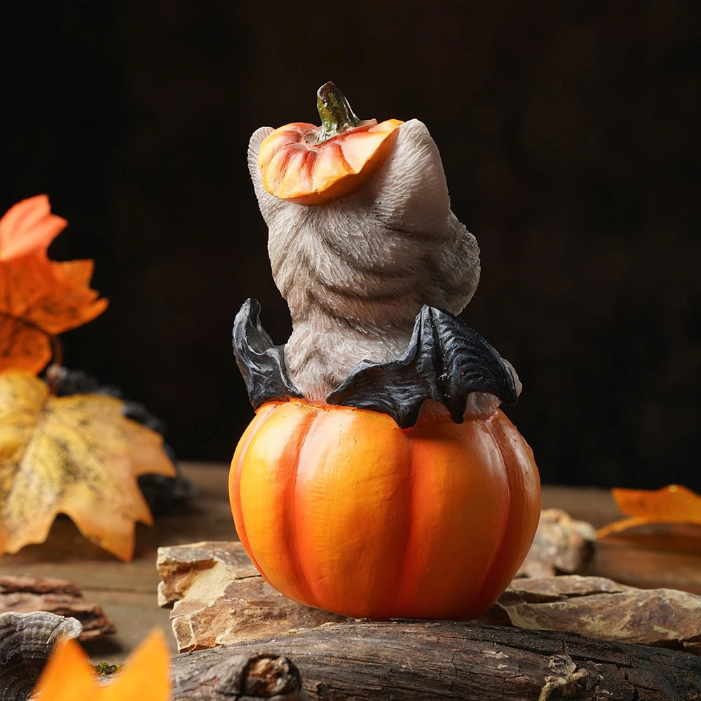 Meow-loween Pumpkin Bat: Creepy-Cute Resin Statue
