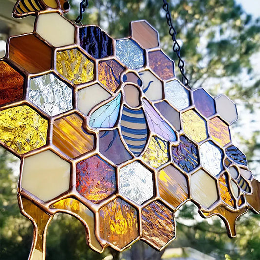 Stained Glass Bees on Honeycomb