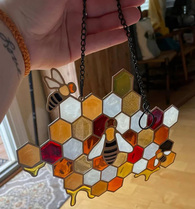 Stained Glass Bees on Honeycomb