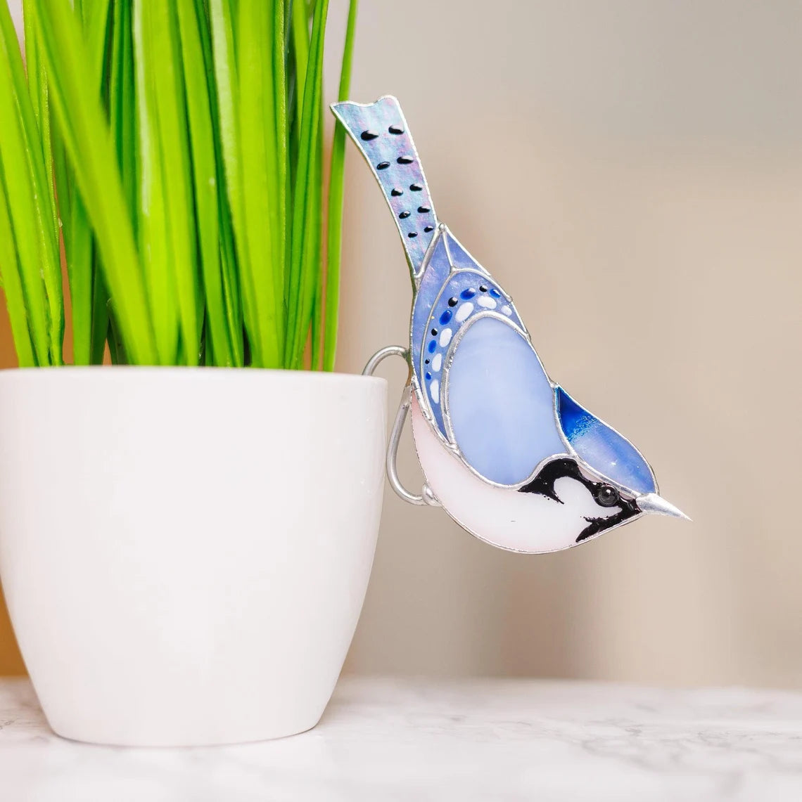 Stained glass Blue Jay Bird Suncatcher Stained glass planter decor