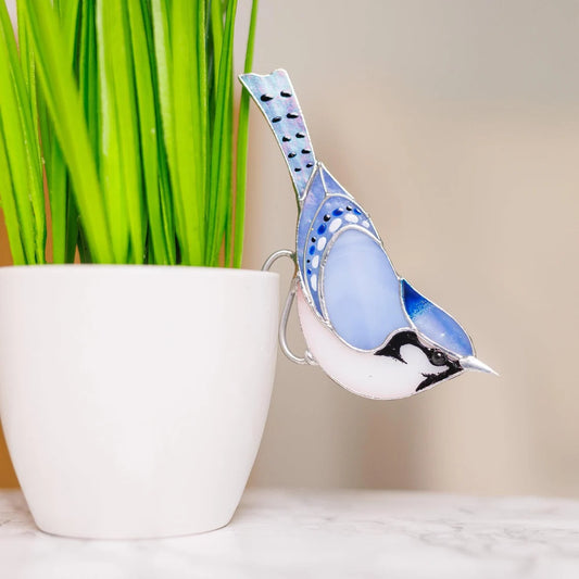 Stained glass Blue Jay Bird Suncatcher Stained glass planter decor