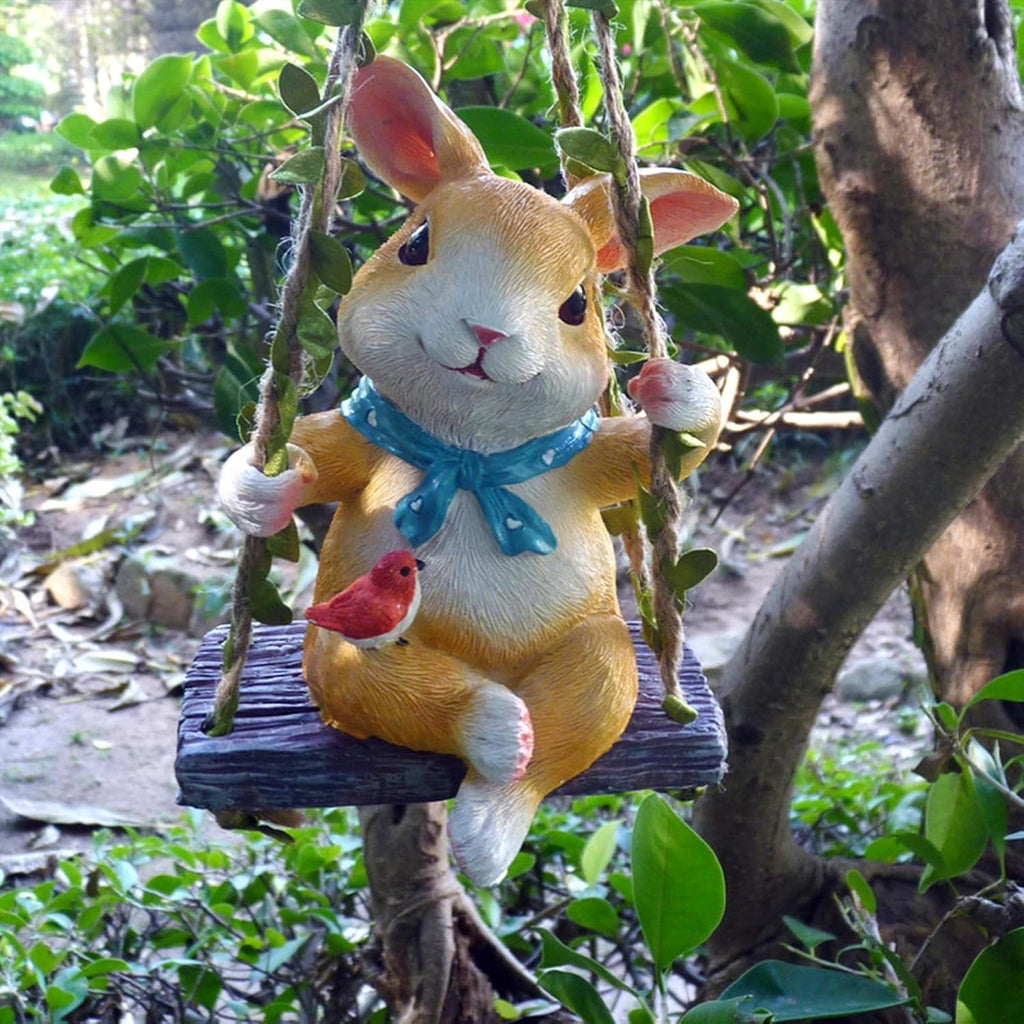 Swing Cute Resin Rabbit Outdoor Garden Sculpture