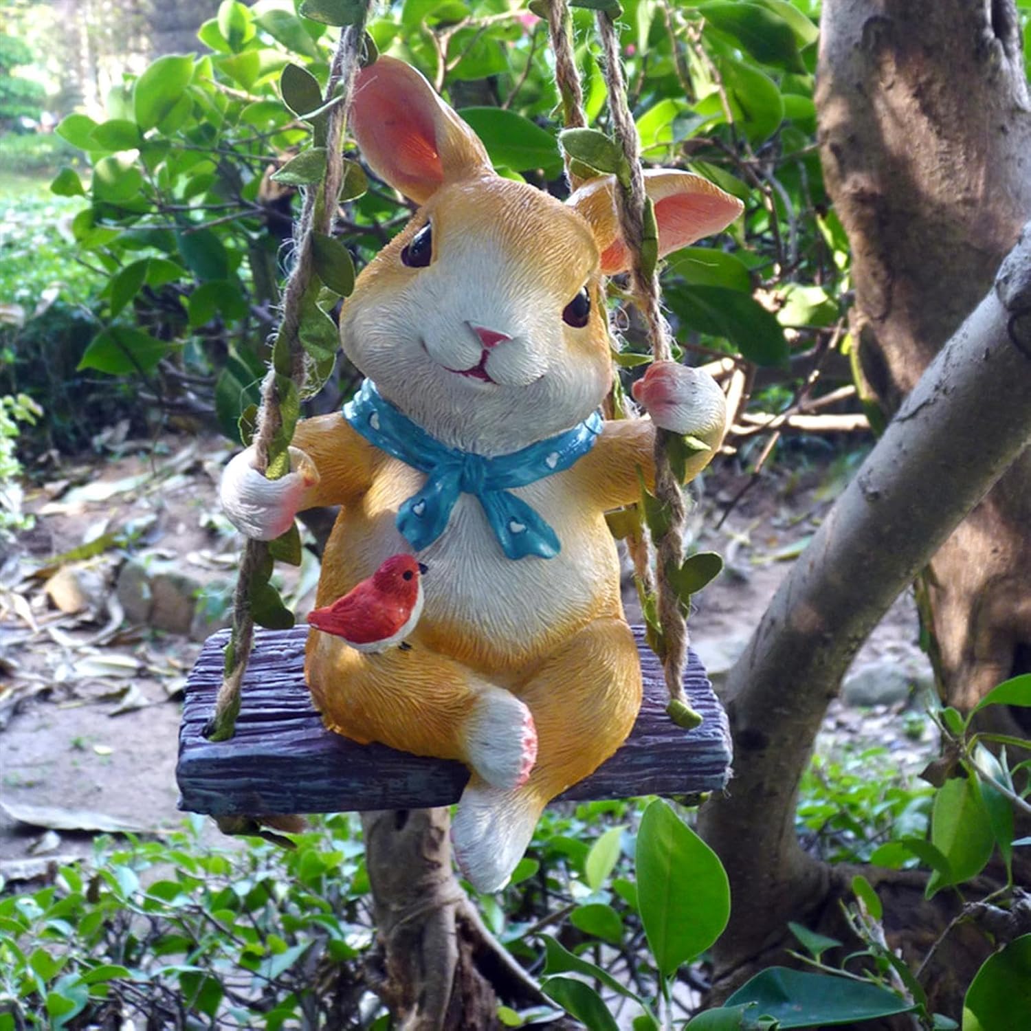 Swing Cute Resin Rabbit Outdoor Garden Sculpture