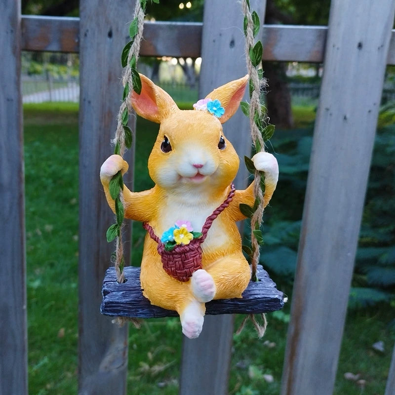 Swing Cute Resin Rabbit Outdoor Garden Sculpture