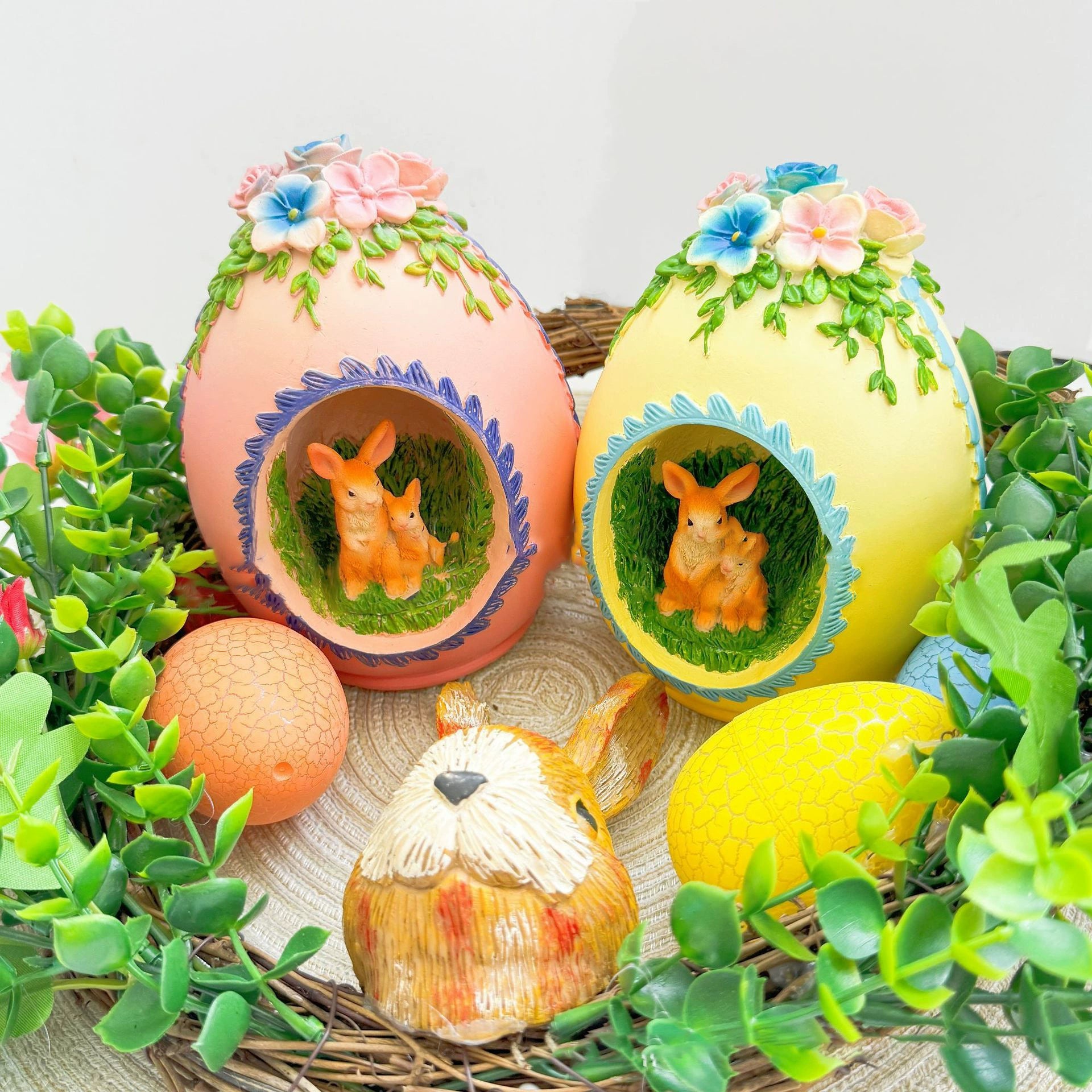 Vintage Easter Bunny Wreath Egg Sculpture