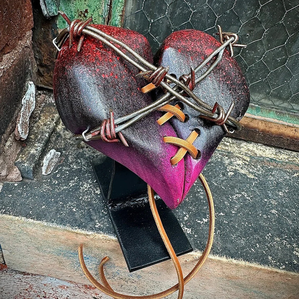 Wood Heart on Steel Pedestal Art Piece | Handmade